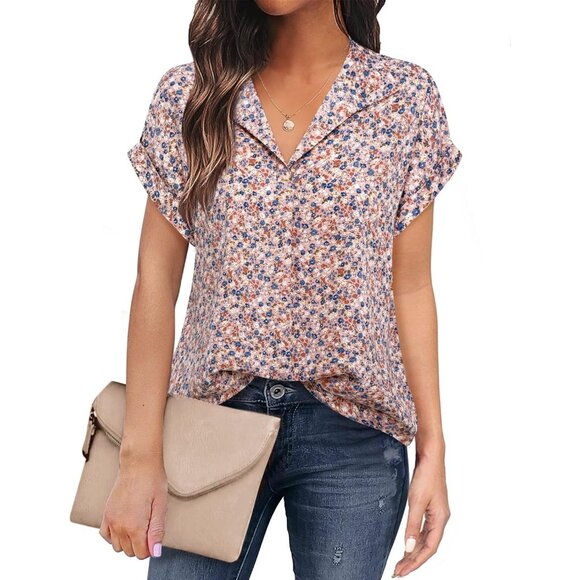 Women Pink Short Sleeve Blouses V Neck Design Business Attire Collared Shirts - Picture 1 of 6